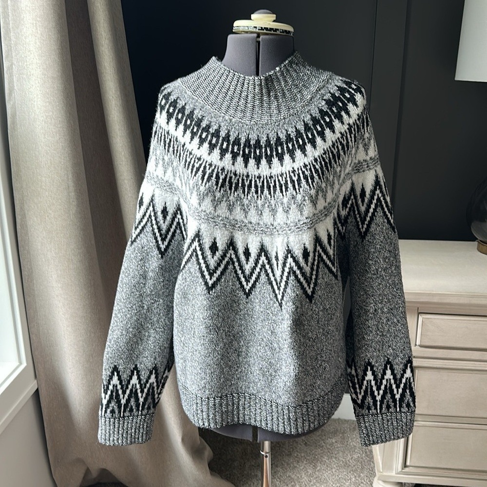 Old Navy Fair Isle Mock Neck Sweater‎ Gray Black White Nordic XXL Cabincore Cozy
